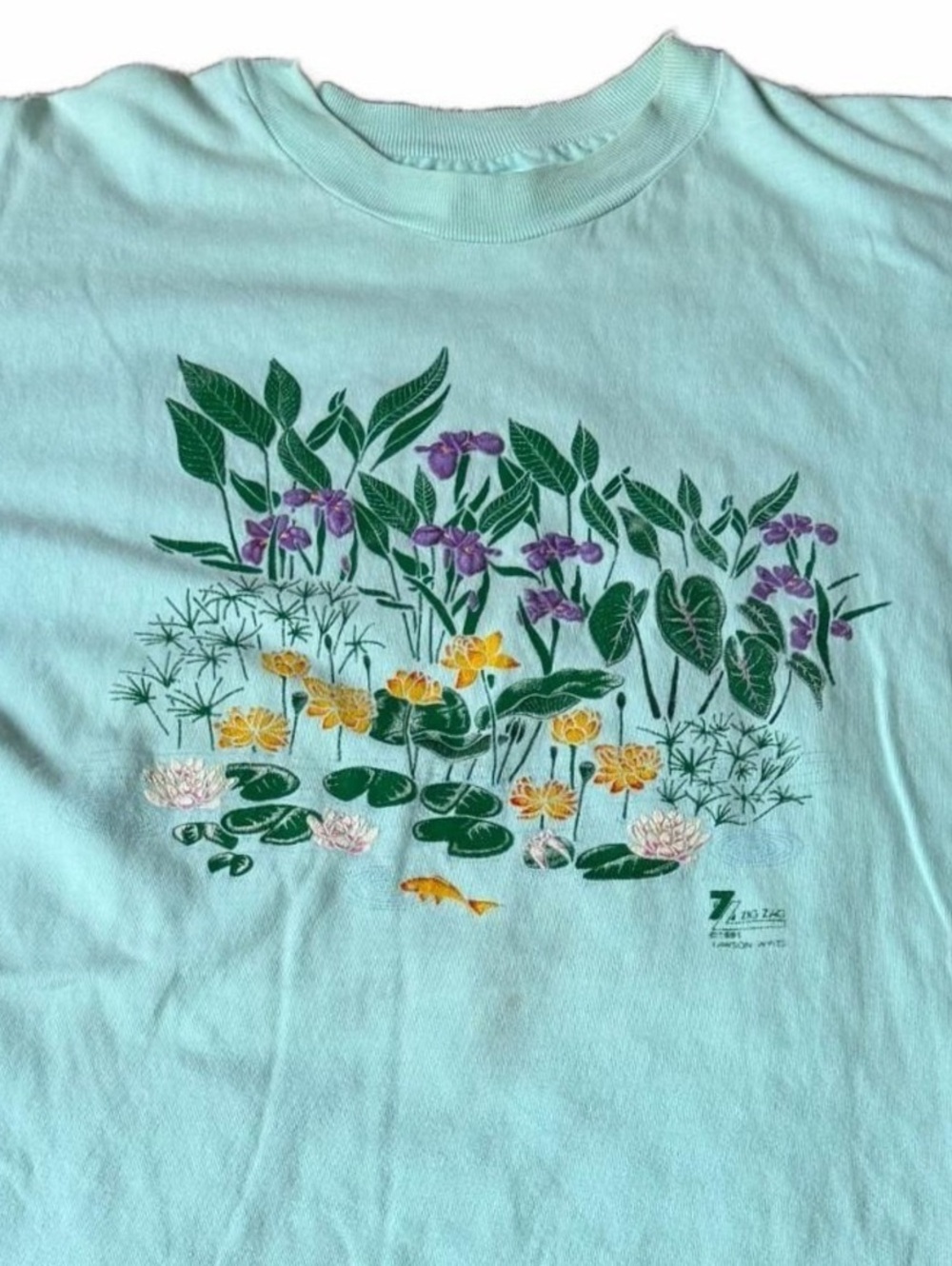 Vintage Single Stitch Hanes Beefy-T XL Mint Green Pond Floral Graphic T-Shirt